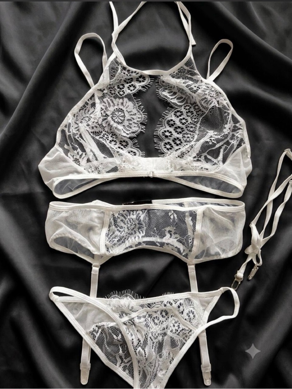 Sheer Lace Bralette, Garter Belt & Thong Set - White